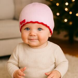 Janie and Jack NWT Pink Knit Beanie Beret Red Bow Scalloped Baby Girl‎ 18–24 Mos
